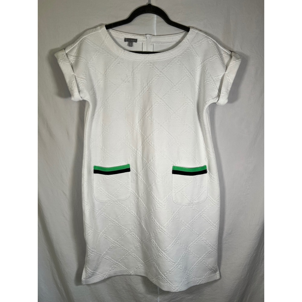 T by Talbots White Quilted Textured Shift Dress Short Sleeve Green Trim Medium